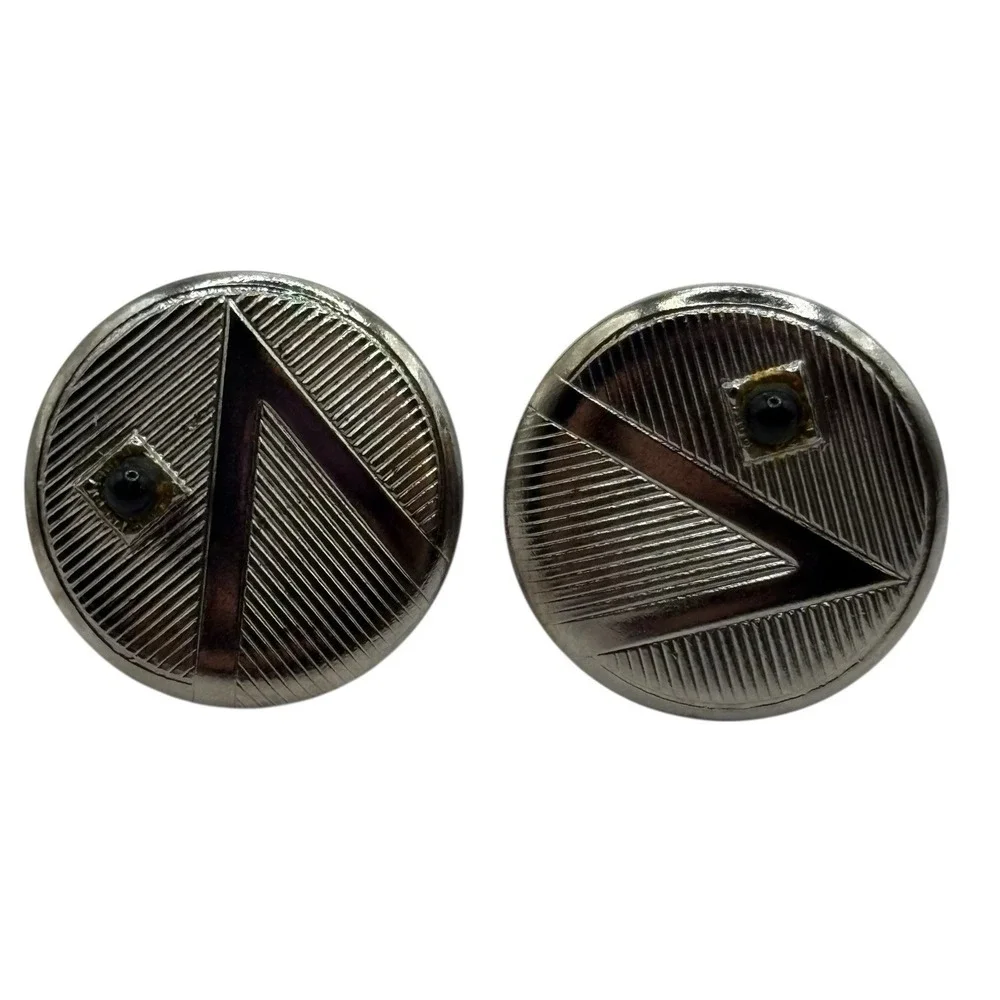 Vintage Abstract Cufflinks Round Textured Silver Tone Tiny‎ Black Bead Accent